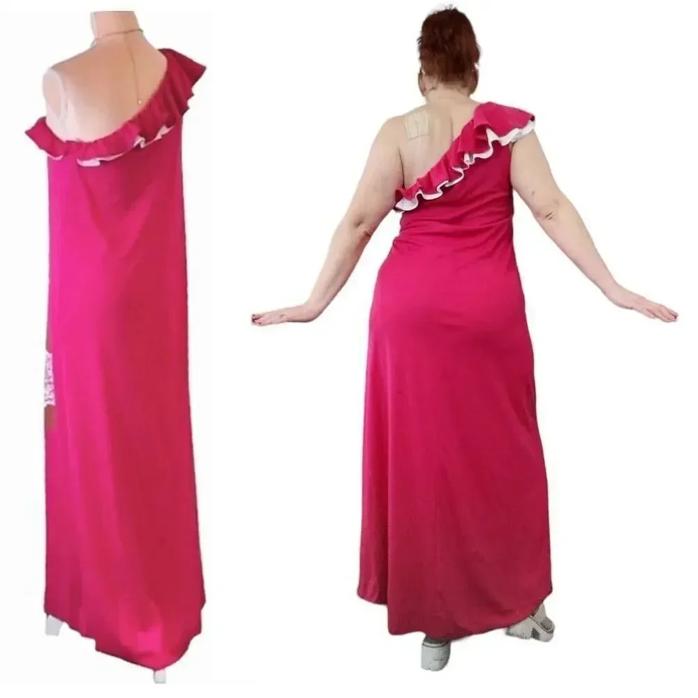 VTG 60s Alfred Shaheen Hand Painted Pink One Shoulder Maxi Dress 10 LG RARE - Picture 8 of 12